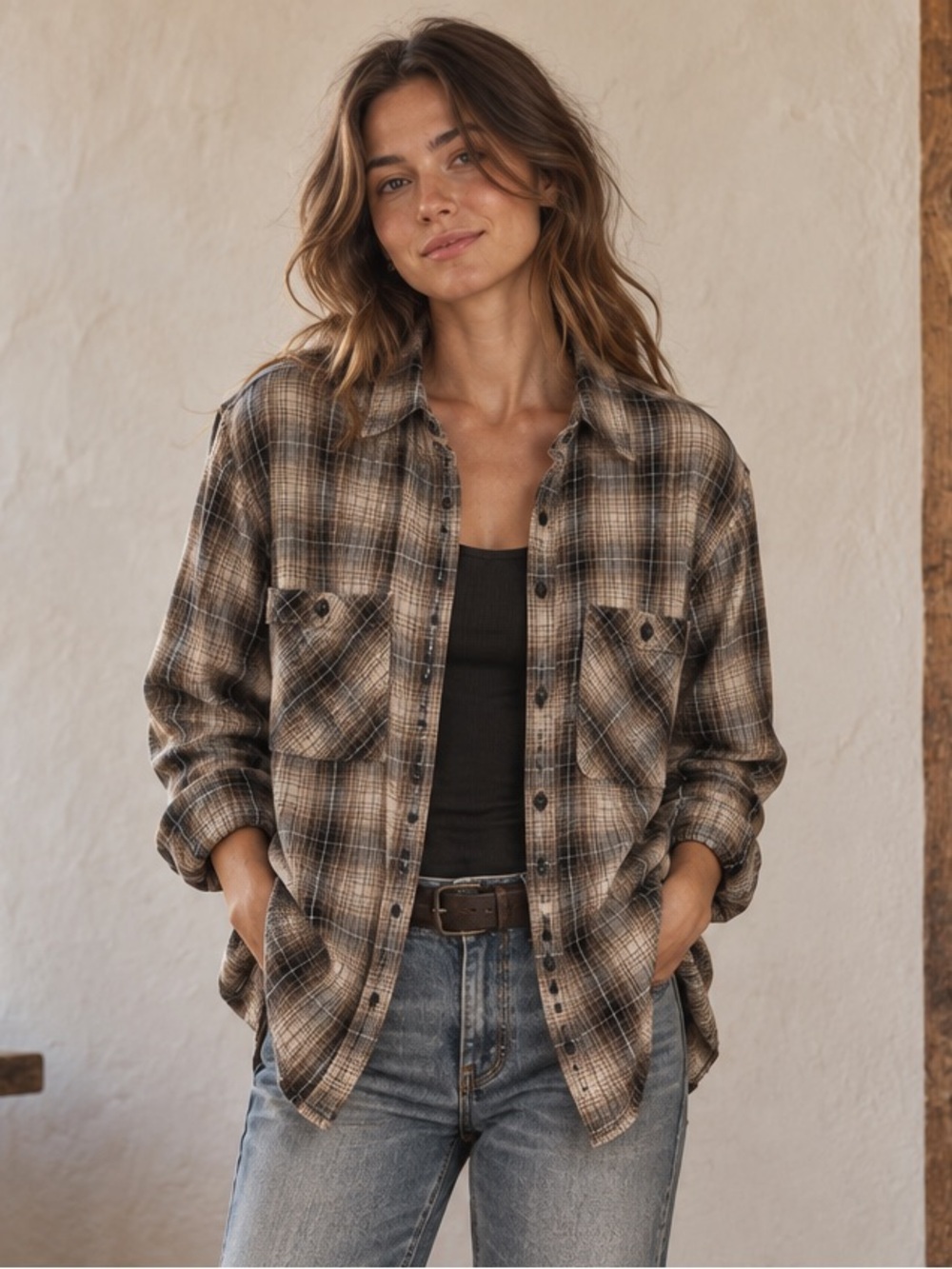 Denim & Supply Ralph Lauren Women’s XL Brown Plaid Flannel Utility Shirt Grunge